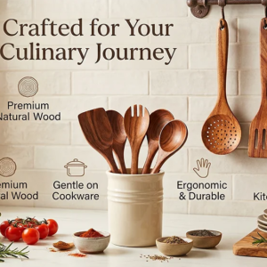 10pcs Teak Wood Kitchen Utensil Set, Heat Resistant Non-Scratch Cooking Spoons