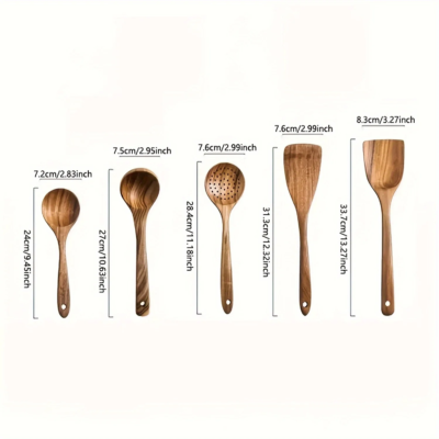 5pcs Wooden Kitchen Utensil Set, Natural Wood Spurtle Spoons for Non-Stick Pans, Ladle & Spatulas