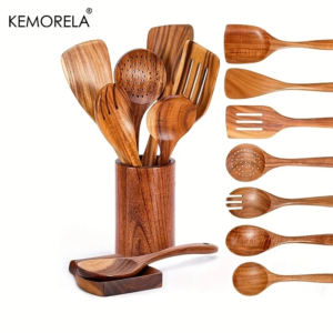 4/7/9pcs Teak Wood Kitchen Utensil Set with Holder, Wooden Cooking Spoons Set