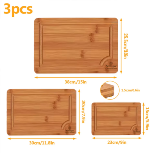 3-Pack Bamboo Cutting Boards, Heavy Duty Wooden Chopping Boards with Juice Groove, Kitchen Butcher Block for Meat, Vegetables & Fruit