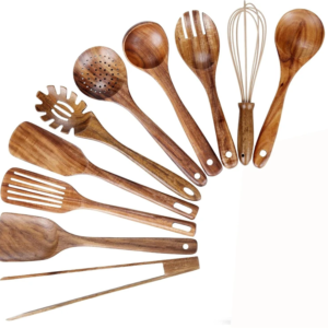 LMETJMA 10-Piece Teak Wood Kitchen Utensil Set, Wooden Spoons & Spatulas for Cooking & Baking (JT503)