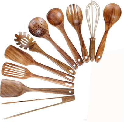 LMETJMA 10-Piece Teak Wood Kitchen Utensil Set, Wooden Spoons & Spatulas for Cooking & Baking (JT503)