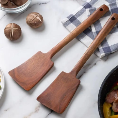 34cm Solid Wood Cooking Spatula, Long Handle Non-Stick Stir Fry Turner, Wooden Kitchen Spatula for Frying & Cooking